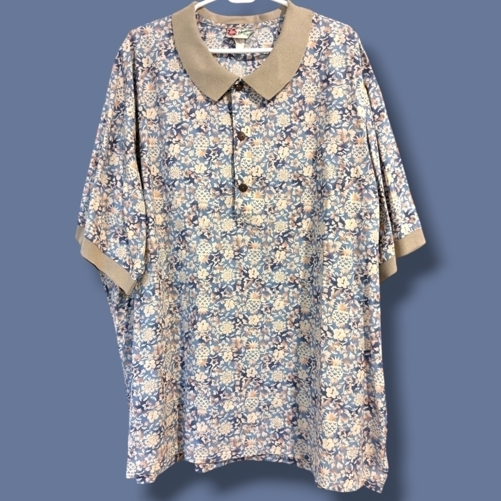 Hilo Hattie Men's Blue Hawaiian Button Front Polo Shirt Coastal Beach Dad Shirt